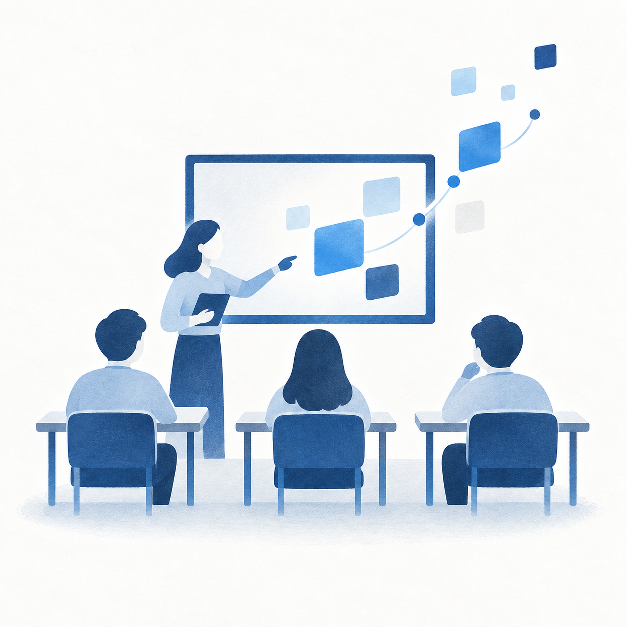 A classroom with a teacher, students and a digital teaching screen